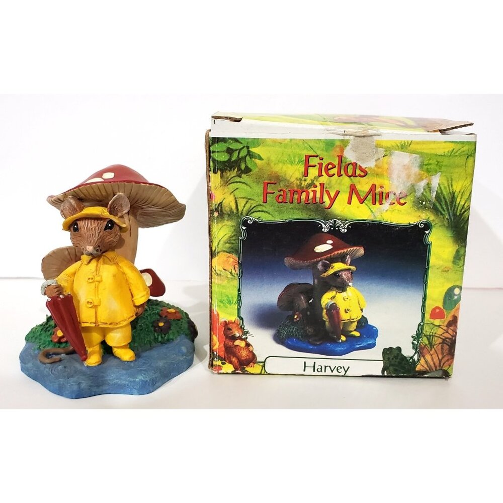 Fields Family Mice HARVEY Figure mouse in raincoat & umbrella by mushrooms 3"H